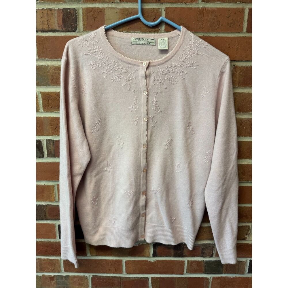 Carolyn Taylor Luxury Pink Embroidered Cardigan Sweater Medium